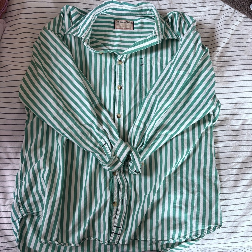 We The Free Green and White Striped Men's Shirt
